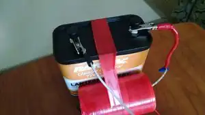 A twelve volt lantern battery.