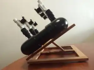 A wooden stand supporting the multiple rocket launcher.