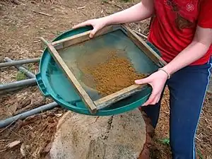 Screening the clay over trashcan cover