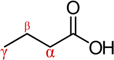 Skeletal formula of butyric acid with the alpha, beta, and gamma carbons marked