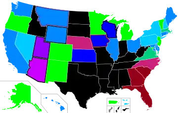 A state map of the United States color-coded for abortion access. A number of U.S. states in the center and especially south of the country have banned abortion apart from certain medical exceptions. In contrast, abortion is available on demand without a mandated time limit in Alaska, Colorado, Minnesota, New Jersey, New Mexico, Oregon, Vermont, and Washington, D. C. Because the situation is changing rapidly, please see the article text for details.