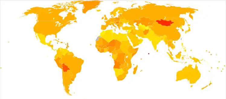 The age-adjusted death rate from cancer per 100,000 inhabitants in 2004.
