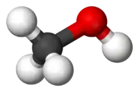 semi-space-filling molecular diagram of methanol; a carbon and three hydrogens make a tetrahedrom, and the carbon point of the tetrahedron has an oxygen atom, which in turn is attache at an angle to a hydrogen atom.