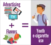 2019 Centers for Disease Control and Prevention (CDC) graphic states: Advertising + Flavors = Youth e-cigarette use.