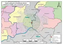 Map of the Kozhikode area, illustrating a three-kilometer buffer zone around the epicentre