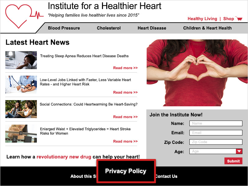 Screenshot of the IHH homepage. A red box outlines the link to their 'Privacy Policy' page in the footer.