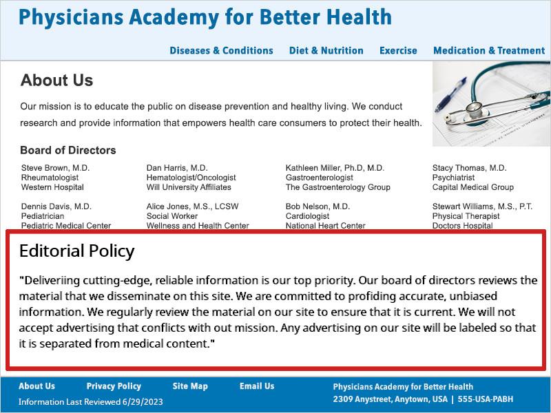 Screenshot of PABH 'About Us' page. A red box outlines the Editorial Policy. The policy states how often content is reviewed and PABH's advertisement standards.
