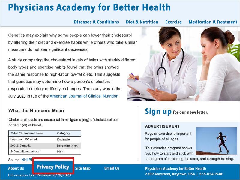 Screenshot of the PABH homepage. A red box outlines the link to their 'Privacy Policy' page in the footer.
