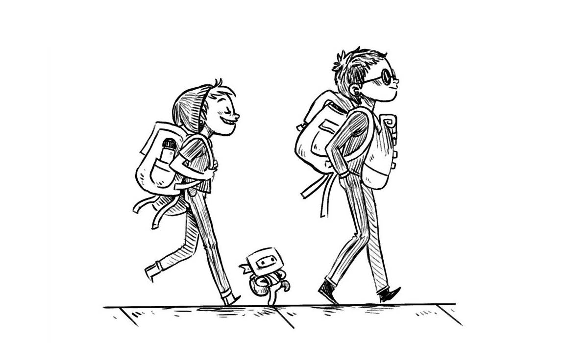 a drawing of rek, dev and little ninj walking one behind the other, each carrying backpacks
