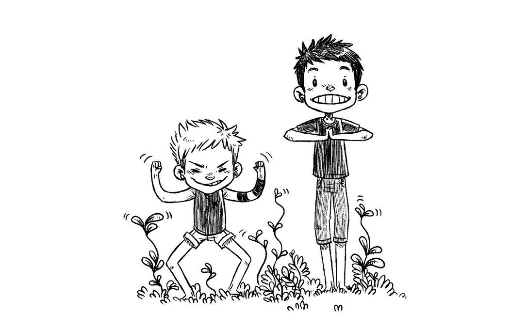 An illustration featuring rek and devine trying to make plants grow with their totoro powers