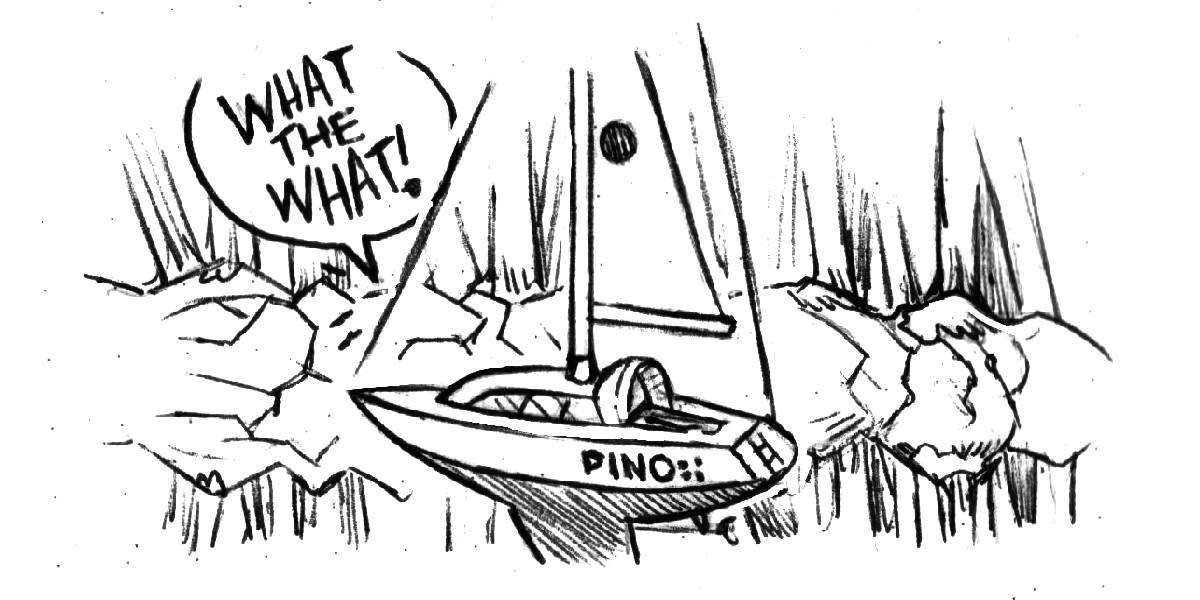 Pino gliding into still waters with the water reflecting the land perfectly, making it look like the boat is flying. The crew aboard loudly exclaims: what the what!