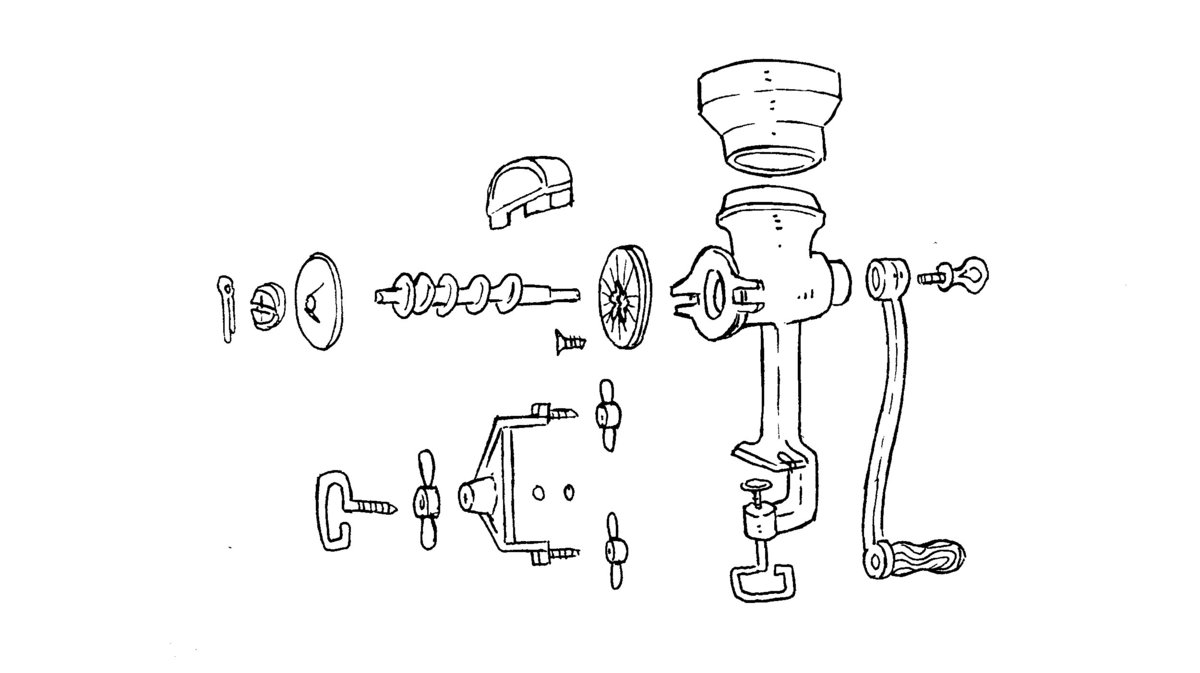 A technical, exploded view, illustration of a corona mill