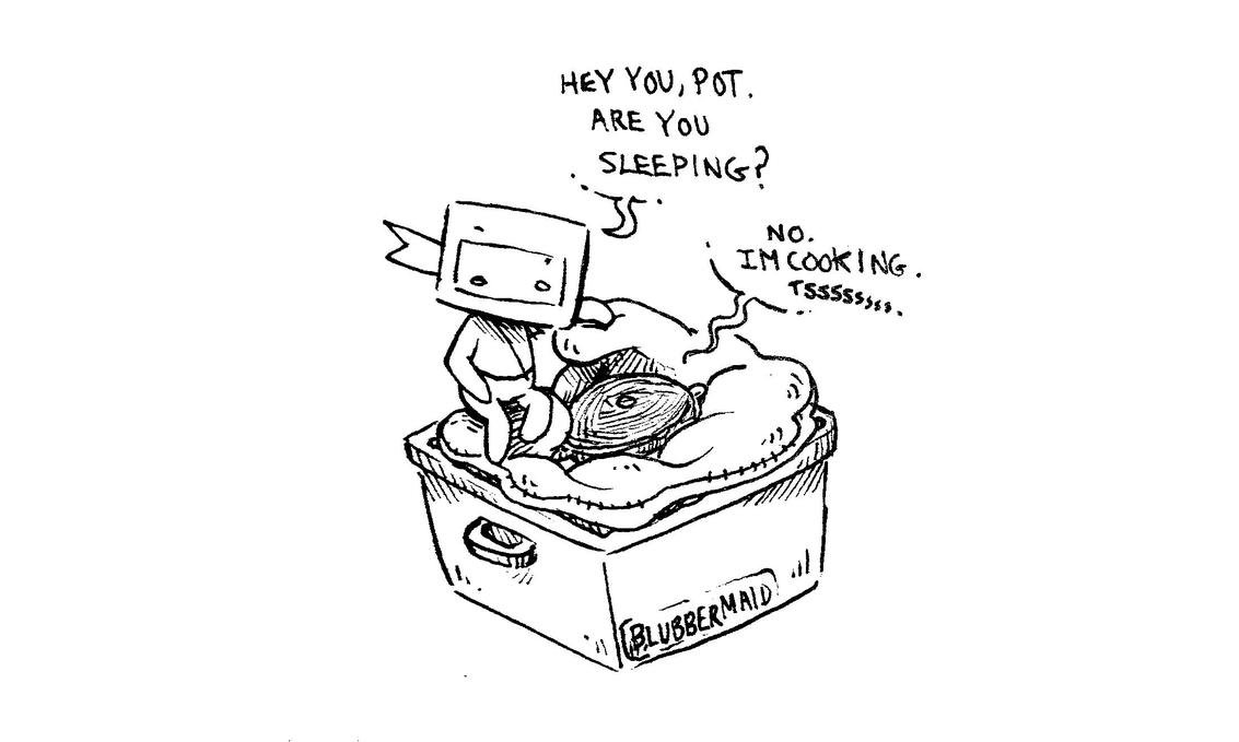 an illustration of ninj sitting on a makeshift haybox, staring at a cast iron pot and asking if it is sleeping. The pot answers: no, i am cooking