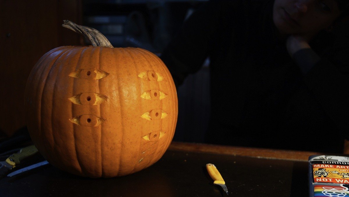 A photo of our evangelion-themed pumpkin freshly carved