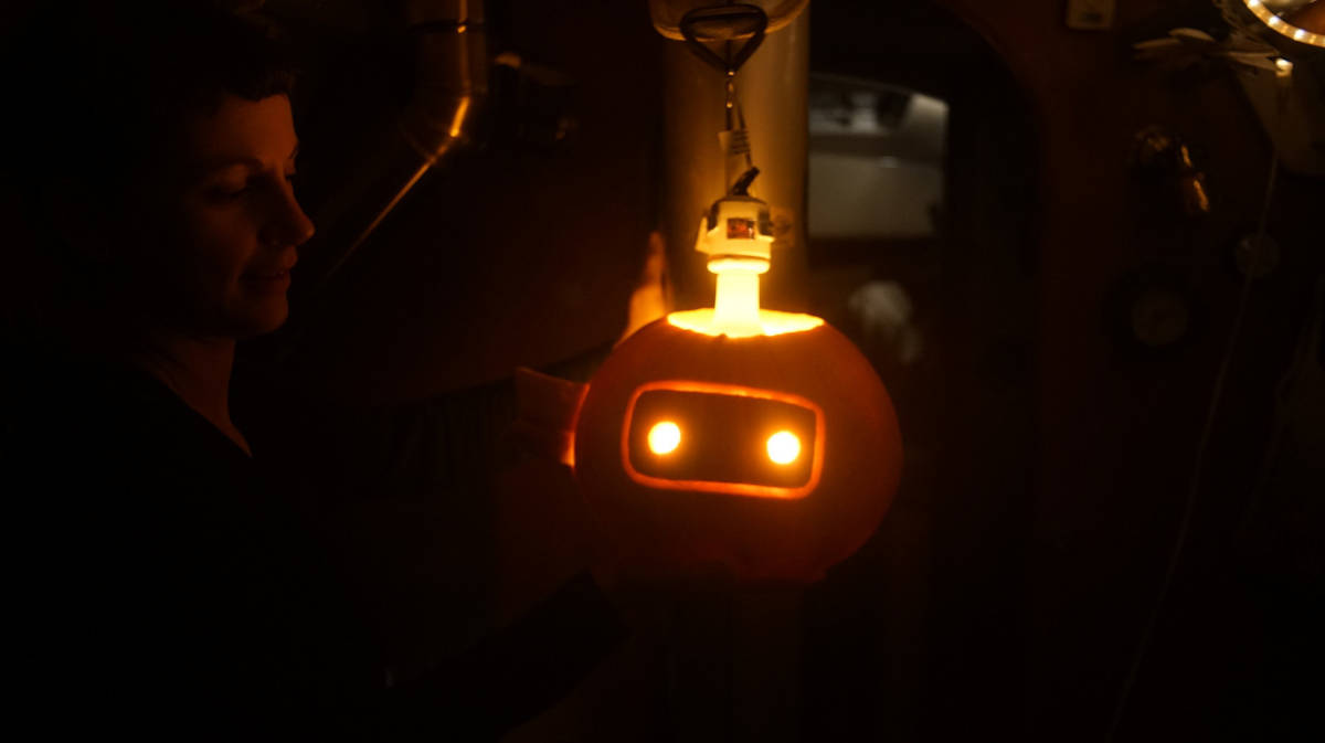 A photo of Ninjs face carved onto a pumpkin