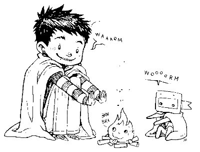 an illustration of devine, saying: Waaaarm, and ninj saying: wooooorm, with blankets on their backs warming themselves next to a fire, the fire has a cute face and says: brn brn