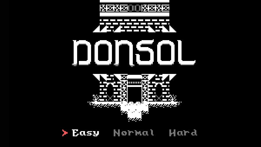 A screenshot of the Donsol game splash screen featuring a castle with the modes: easy, normal and hard