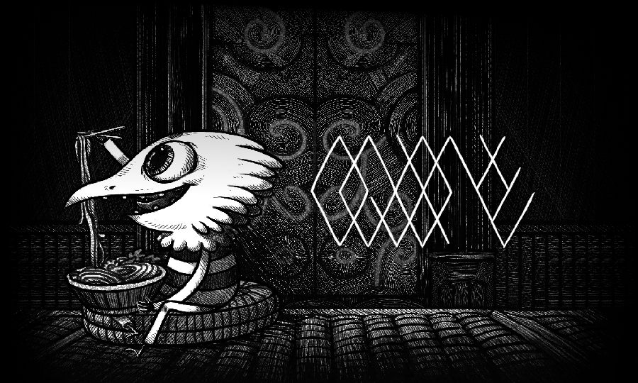 the ramen guy happily eating ramen while sitting in front of a strange door. The game title Oquonie is written in a cryptic intertwining way