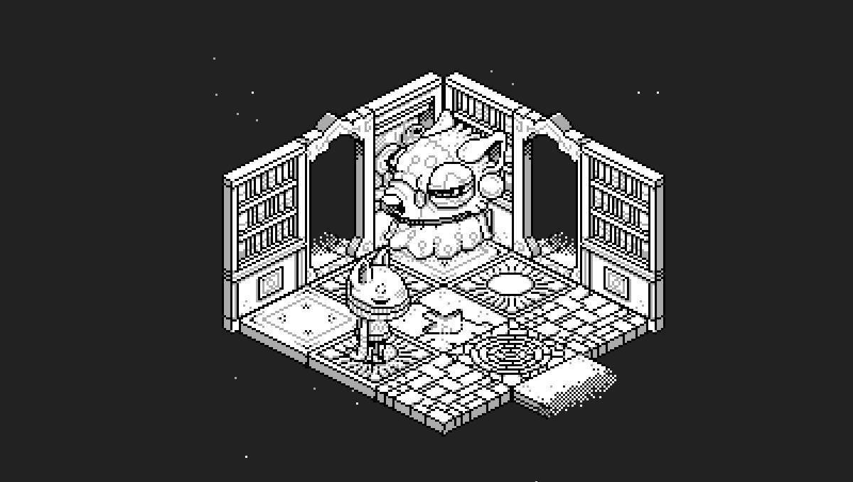 Nastazie, a shiba inu with a sweater, is standing in an isometric room with a large old shiba inu wizard