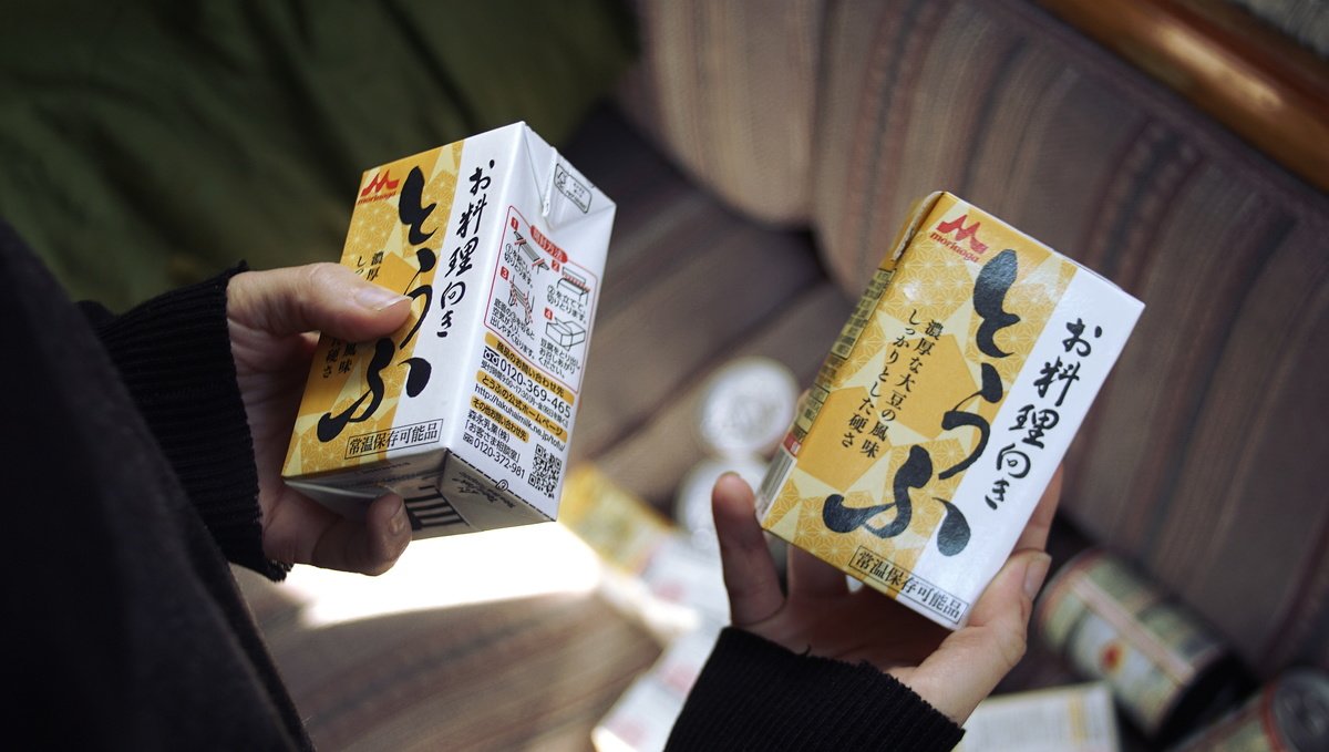 a hand holding two Japanese varieties of tetra-pak tofus