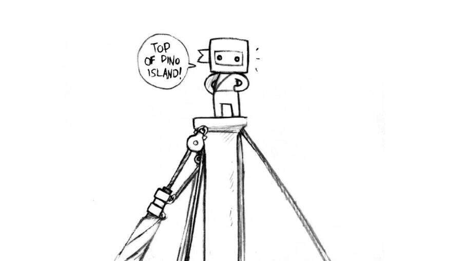 Ninj, a little grey ninja, is standing at the top of a sailboat mast while saying: top of pino island