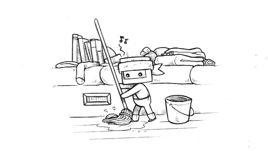 little ninj, a plush ninja, is cleaning up the boat, wielding a mop.