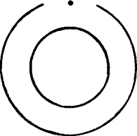 a small circle within a large circle with a gap at the top, in the gap lies a small dot