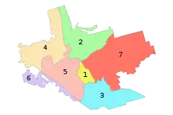 Administrative map of Zaporizhzhia; the Komunarskyi District is indicated by the number 3.