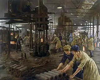 Oil painting showing women wearing blue and beige smocks, trousers and hats in a large factory. The women are mostly handling tubes and metal rods.
