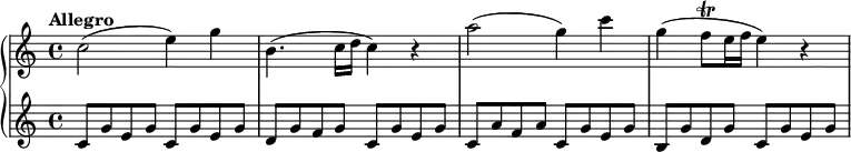 \new PianoStaff { <<
\new Staff \relative c'' { \key c \major \tempo "Allegro" \time 4/4 c2( e4) g b,4.( c16 d c4) r4 a'2( g4) c g( f8\trill e16 f e4) r4 }
\new Staff \relative c' { c8 g' e g c, g' e g d g f g c, g' e g c, a' f a c, g' e g b, g' d g c, g' e g }
>>
}