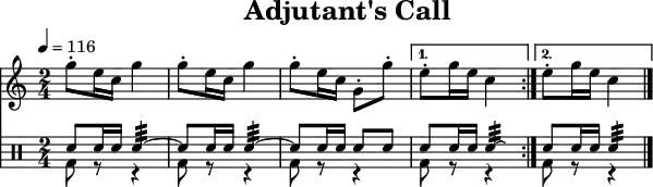 \header {
title = "Adjutant's Call"
tagline = ##f
}
\paper {
#(layout-set-staff-size 18)
}
\score {
<<
\relative c''' {
\tempo 4=116
\key c \major
\time 2/4
\set Staff.midiInstrument = #"french horn"
\repeat volta 2 {
g8-. e16 c16 g'4
g8-. e16 c16 g'4
g8-. e16 c16 g8-. g'8-.
}
\alternative {
{
e8-. g16 e16 c4
}
{
e8-. g16 e16 c4
\bar "|."
}
}
}
\drums {
\repeat volta 2 {
<< { sn8 sn16 sn16 sn4:32~ } \\ { bd8 r8 r4 } >>
<< { sn8 sn16 sn16 sn4:32~ } \\ { bd8 r8 r4 } >>
<< { sn8 sn16 sn16 sn8 sn8 } \\ { bd8 r8 r4 } >>
}
\alternative {
{
<< { sn8 sn16 sn16 sn4:32 \laissezVibrer } \\ { bd8 r8 r4 } >>
}
{
<< { sn8 sn16 sn16 sn4:32 } \\ { bd8 r8 r4 } >>
\bar "|."
}
}
}
>>
\layout { }
\midi { }
}