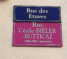A street sign marking Rue Cécile Biéler-Butticaz.
