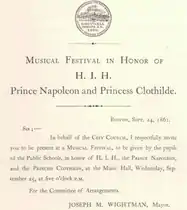 Musical festival, to be given by the pupils of the Public Schools, in honor of H.I.H., the Prince Napoleon, and the Princess Clothilde, 1861