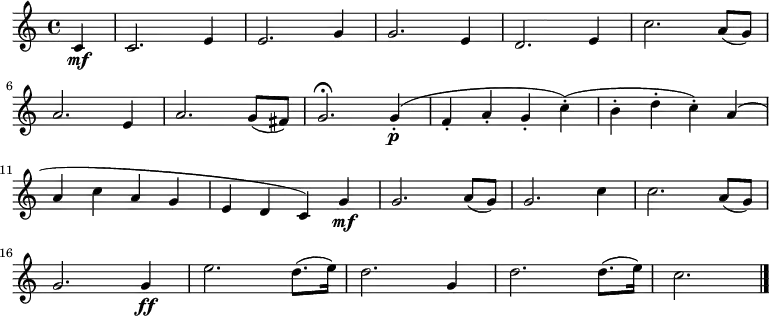 \relative c' {
\key c \major \time 4/4
\partial 4 c\mf
c2. e4 e2. g4 g2. e4 d2. e4 c'2. a8( g) \bar "|" \break
a2. e4 a2. g8( fis) g2.\fermata g4-.\p( f-. a-. g-. c-.)( b-. d-. c-.) a( \bar "|" \break
a c a g e d c) g'\mf g2. a8( g) g2. c4 c2. a8( g) \bar "|" \break
g2. g4\ff e'2. d8.( e16) d2. g,4 d'2. d8.( e16) c2. \bar "|."}