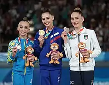 Victory ceremony (from left to right): Khrystyna Pohranychna (Silver), Daria Trubnikova (Gold), Talisa Torretti (Bronze)