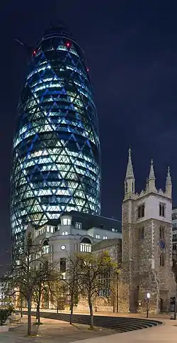 Image 1130 St Mary Axe, London, widely known by the nickname "The Gherkin", and occasionally as a variant on The Swiss Re Tower, after its previous owner and principal occupier. Swiss Re is the world’s second-largest reinsurance company.