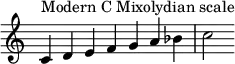 {
\override Score.TimeSignature #'stencil = ##f
\relative c' {
\clef treble \time 7/4
c4^\markup { Modern C Mixolydian scale } d e f g a bes c2
} }