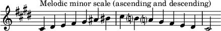 {
\omit Score.TimeSignature \relative c' {
\key cis \minor \time 7/4 cis^"Melodic minor scale (ascending and descending)" dis e fis gis ais bis cis b? a? gis fis e dis cis2
} }