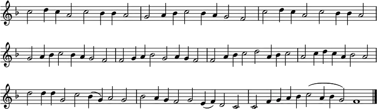 { \key f \major
\set Score.tempoHideNote = ##t
\tempo 2=72
\set Staff.midiInstrument = "english horn"
\omit Score.TimeSignature
\override Score.BarNumber #'transparent = ##t
\cadenzaOn
\relative c'' {
\repeat unfold 2 { c2 d4 c a2 c bes4 bes a2 \bar"|"
g2 a4 bes c2 bes4 a g2 f \bar"|" }
f2 g4 a bes2 g a4 g f2 \bar"|"
f2 a4 bes c2 d a4 bes c2 \bar"|"
a2 c4 d c a bes2 a \bar"|"
d2 d4 d g,2 c bes4( g) a2 g \bar"|"
bes2 a4 g f2 g e4 (f) d2 c \bar"|"
c2 f4 g a bes c2( a4 bes g2) f1 \bar "|."}
}