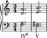 {
\new PianoStaff <<
\new Staff <<
\relative c' {
\clef treble \key c \major \time 3/4
<d a'>2. <e b'>
}
>>
\new Staff <<
\relative c {
\clef bass \key c \major \time 3/4
<f a>2._\markup { \concat { "IV" \raise #1 \small "6" \hspace #3.5 "V" } } <e gis>
}
>>
>>
}