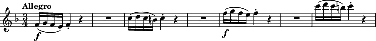\relative c' {
\tempo "Allegro"
\key f \major
\time 3/4
f16(\f g f e) f4-. r |
R1*3/4 |
c'16( d c b) c4-. r |
R1*3/4 |
f16(\f g f e) f4-. r |
R1*3/4 |
c'16( d c b) c4-. r |
}