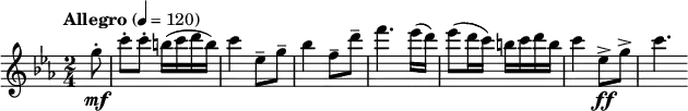 {
\new PianoStaff <<
\new Staff \relative c''' {
\tempo "Allegro" 4 = 120
\clef treble \key c \minor \time 2/4
\partial 8 g8-. \mf
c8-. c-. b16( c d b)
c4 es,8-- g--
bes4 f8-- d'-- f4. es16( d)
es8( d16 c) b c d b
c4 es,8-> \ff g->
c4.
}
>>
}
