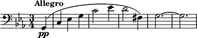 \new Score {
#(set-default-paper-size "b6")
\new Staff {
\relative c, {
\set Staff.midiInstrument = #"cello"
\time 3/4
\key c \minor
\clef "bass_8"
\omit Staff.ClefModifier
\tempo 4 = 240
\omit Score.MetronomeMark
\partial 4 g^\markup { \halign #-0.5 \bold "Allegro" }(\pp | c ees g | c2 ees4 | d2 fis,4) | g2.~ | g2.
}
}
}