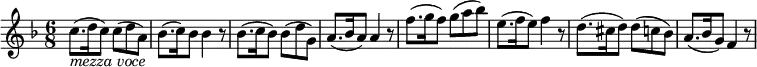 { \tempo 8 = 112 \set Score.tempoHideNote=##t \set Staff.midiInstrument = "violin" \relative c'' { \key f \major \time 6/8
c8.( _\markup { \italic "mezza voce" } d16 c8) c8( d a) | bes8.( c16) bes8) bes4 r8 |
bes8.( c16 bes8) bes8( d g,) | a8.( bes16 a8) a4 r8 |
f'8.( g16 f8) g( a bes) | e,8.( f16 e8) f4 r8 | d8.( cis16 d8) d( c bes) | a8.( bes16 g8) f4 r8 }}
\layout { \context { \Score \override SpacingSpanner.common-shortest-duration = #(ly:make-moment 2/8) }}