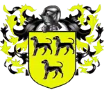A coat of arms showing three black dogs on a field of yellow.