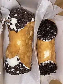 A chocolate chip cannoli (left) and cookies & cream cannoli (right) from Mike's Pastry in Boston, MA