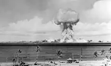 The airburst nuclear explosion of July 1, 1946. Photo taken from a tower on Bikini Island, 3.5 miles (5.6 km) away.