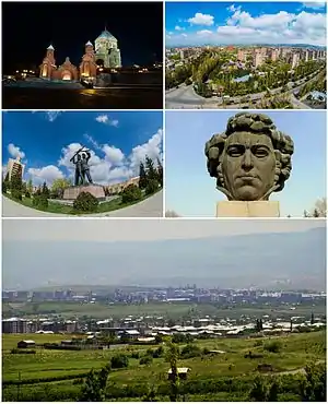 From top left:Surp Hovhannes Church • Abovyan skylineFriendship Square • Khachatur Abovyan's bustGeneral view of Abovyan