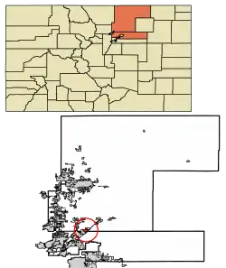 Location of Lochbuie in Adams County and Weld County, Colorado.