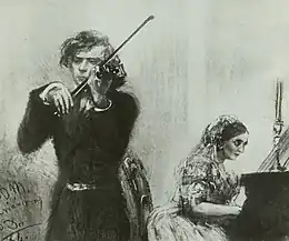 A violinist and a pianist playing, with her sitting at the piano partly shown on the right, while he plays towards the left, more in the foreground